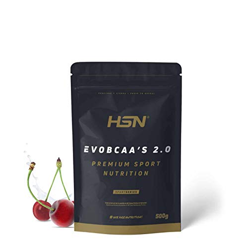 BCAA con Glutamina de HSN Evobcaa's 2.0 | Aminoácidos Ramificados Ratio 12:1:1 (L-Leucina + L-Valina + L-Isoleucina) | Recuperación y Ganar Masa Muscular | Vegano, Sin Lactosa, Sabor Cereza, 500g