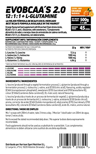 BCAA con Glutamina de HSN Evobcaa's 2.0 | Aminoácidos Ramificados Ratio 12:1:1 (L-Leucina + L-Valina + L-Isoleucina) | Recuperación y Ganar Masa Muscular | Vegano, Sin Lactosa, Sabor Naranja, 500g