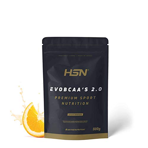 BCAA con Glutamina de HSN Evobcaa's 2.0 | Aminoácidos Ramificados Ratio 12:1:1 (L-Leucina + L-Valina + L-Isoleucina) | Recuperación y Ganar Masa Muscular | Vegano, Sin Lactosa, Sabor Naranja, 500g