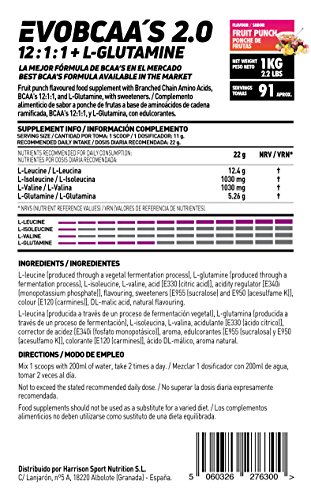 BCAA con Glutamina de HSN Evobcaa's 2.0 | Aminoácidos Ramificados Ratio 12:1:1 (L-Leucina + L-Valina + L-Isoleucina) | Recuperación y Ganar Masa Muscular | Vegano, Sin Lactosa, Sabor Ponche, 1Kg