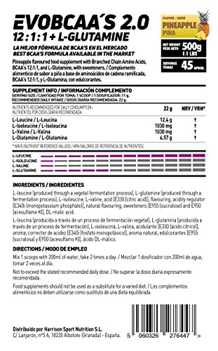 BCAA con Glutamina de HSN Evobcaa's 2.0 | Aminoácidos Ramificados Ratio 12:1:1 (L-Leucina + L-Valina + L-Isoleucina) | Recuperación y Ganar Masa Muscular | Vegano, Sin Lactosa, Sabor Piña, 500g