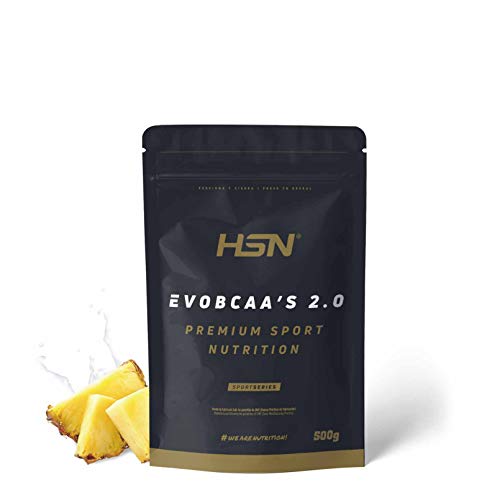 BCAA con Glutamina de HSN Evobcaa's 2.0 | Aminoácidos Ramificados Ratio 12:1:1 (L-Leucina + L-Valina + L-Isoleucina) | Recuperación y Ganar Masa Muscular | Vegano, Sin Lactosa, Sabor Piña, 500g