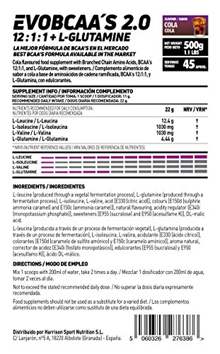 BCAA con Glutamina de HSN Sports | Evobcaa's 2.0 - Aminoácidos Ramificados Ratio 12:1:1 (L-Leucina + L-Valina + L-Isoleucina) | Recuperación y Ganar Masa Muscula | Sabor Cola - 500g