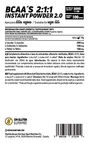 BCAA en Polvo de HSN | Disolución Instantánea | Aminoácidos Ramificados Ratio 2:1:1 | Ayuda a Ganar Masa Muscular + Recuperador Muscular | Apto Dieta Vegana, Sin Lactosa, Sabor Neutro, 500 gr