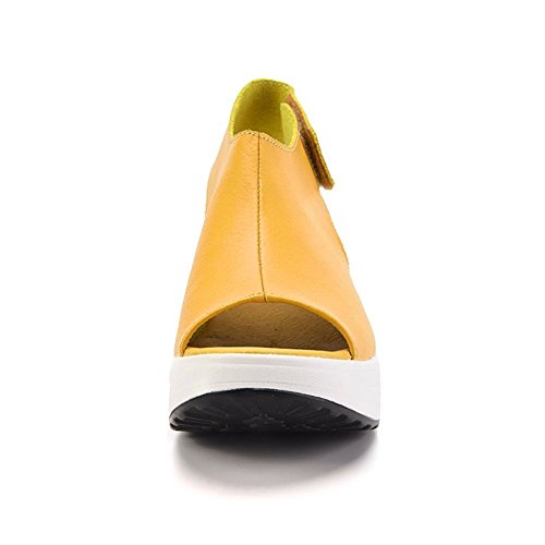 Bdawin - Sandalias de piel con tacón de cuña para mujer, zapatos de verano, color Amarillo, talla 39 EU Bdawin - Sandalias de piel con tacón de cuña para mujer, zapatos de verano, color Amarillo, talla 39 EU