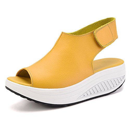 Bdawin - Sandalias de piel con tacón de cuña para mujer, zapatos de verano, color Amarillo, talla 39 EU Bdawin - Sandalias de piel con tacón de cuña para mujer, zapatos de verano, color Amarillo, talla 39 EU