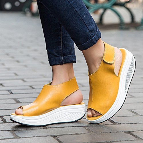 Bdawin - Sandalias de piel con tacón de cuña para mujer, zapatos de verano, color Amarillo, talla 39 EU Bdawin - Sandalias de piel con tacón de cuña para mujer, zapatos de verano, color Amarillo, talla 39 EU