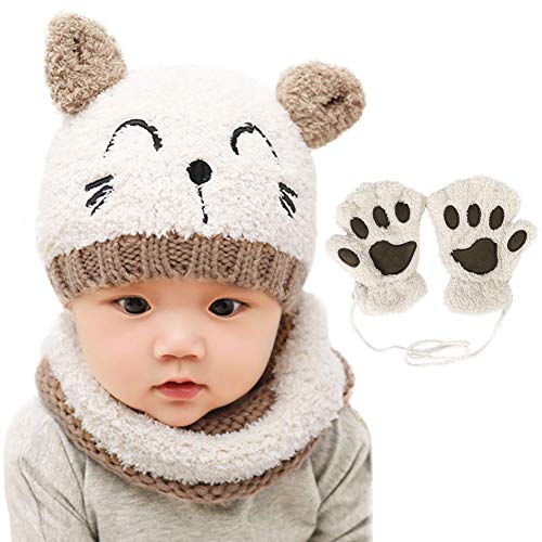 Bearbro Bufandas del Bebé, Invierno Niño Niña Sombrero y Bufandas otoño Invierno niños niñas Punto Gorras y Bufanda Guantes Traje de Tres Piezas (Blanco)