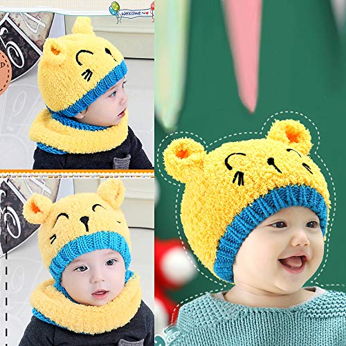 Bearbro Linda Bebé Sombrero y Bufanda Guantes Otoño Invierno Primavera Gorro Bebe Calentito, Unisex Invierno Sombrero Niños Niñas Gorro Conjunto de Bufanda y Guantes de Sombrero Cálido Bebé (Amarillo)