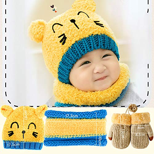 Bearbro Linda Bebé Sombrero y Bufanda Guantes Otoño Invierno Primavera Gorro Bebe Calentito, Unisex Invierno Sombrero Niños Niñas Gorro Conjunto de Bufanda y Guantes de Sombrero Cálido Bebé (Amarillo)