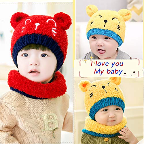 Bearbro Linda Bebé Sombrero y Bufanda Guantes Otoño Invierno Primavera Gorro Bebe Calentito, Unisex Invierno Sombrero Niños Niñas Gorro Conjunto de Bufanda y Guantes de Sombrero Cálido Bebé (Amarillo)