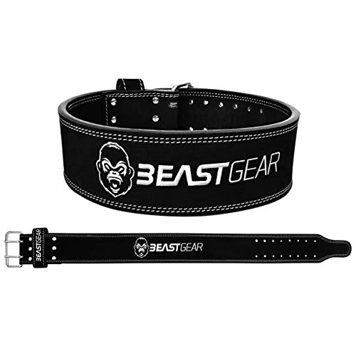 Beast Gear Cinturón Halterofilia – Cinturón Lumbar Powerlifting con Doble Hebilla – Cinturón Levantamiento de Peso de Piel Nobuck – 10 cm de Ancho y 10 mm de Grosor - L