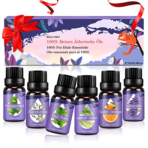 BEAU-PRO Juego de aceites esenciales para difusor y aromaterapia, kit de aceite de aroma natural de grado terapéutico 100% puro lavanda, árbol de té, eucalipto, hierba de limón [6 botellas x 10ml ]