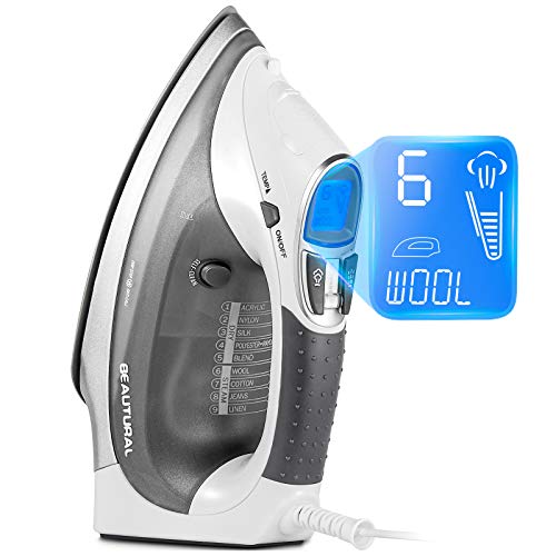 BEAUTURAL Plancha de Vapor, 2400W, Vapor 340ml con Pantalla LCD, Sistema antigoteo y función de autolimpieza-Blanco y Gris