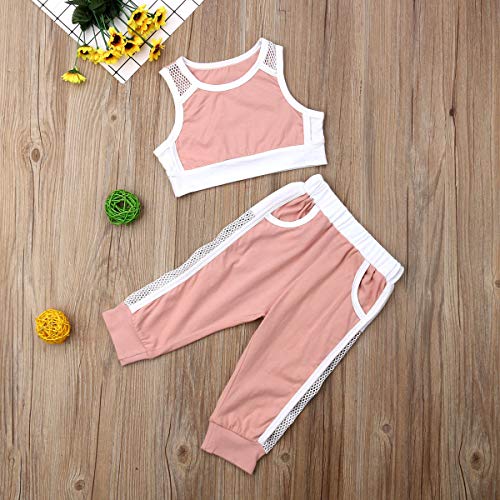 Bebé Niñas Pequeñas Ropa Deportiva 2 Piezas Conjunto de Deporte Crop Top Camiseta Corta sin Manga Pantalones Largos/Cortos Shorts 2 PCS Traje de Moda Chándal Verano para Yoga Fitness Rosa 3-4 Años