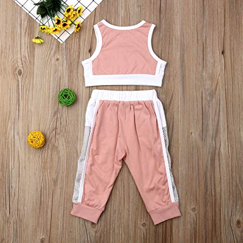 Bebé Niñas Pequeñas Ropa Deportiva 2 Piezas Conjunto de Deporte Crop Top Camiseta Corta sin Manga Pantalones Largos/Cortos Shorts 2 PCS Traje de Moda Chándal Verano para Yoga Fitness Rosa 3-4 Años