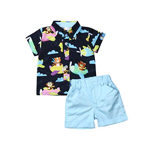 Bebé Niño Traje de 2 Piezas Conjunto Top Camisa de Manga Corta Pantalón Corto Camiseta con Estampado Infantil Ropa Verano de Playa para Vacaciones (Animal, 12-18 Meses)