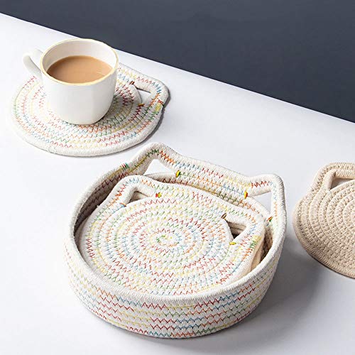 Bebida Coaster Lindo Gato Oídos Anti-Scalding Heat Aislation Pad 6 PCS con Cesta de Almacenamiento Mano Tejido de algodón placemat tazón y Titular de la Olla (Color : Beige) Bebida Coaster Lindo Gato Oídos Anti-Scalding Heat Aislation Pad 6 PCS con Cesta de Almacenamiento Mano Tejido de algodón placemat tazón y Titular de la Olla (Color : Beige)
