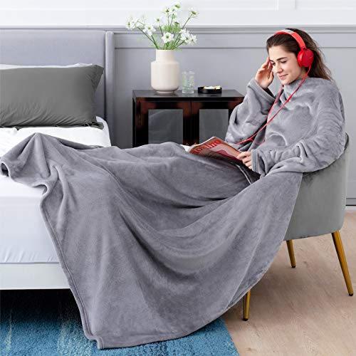 Bedsure Batamanta Polar Mujer Hombre Sofa - Manta con Mangas y Bolsillo para Pies de TV,Blanket Hoodie Suave y Acogedor,Gris,170x200cm