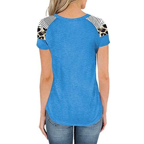 Beeck - Camiseta de manga corta para mujer, cuello redondo, diseño de leopardo azul L