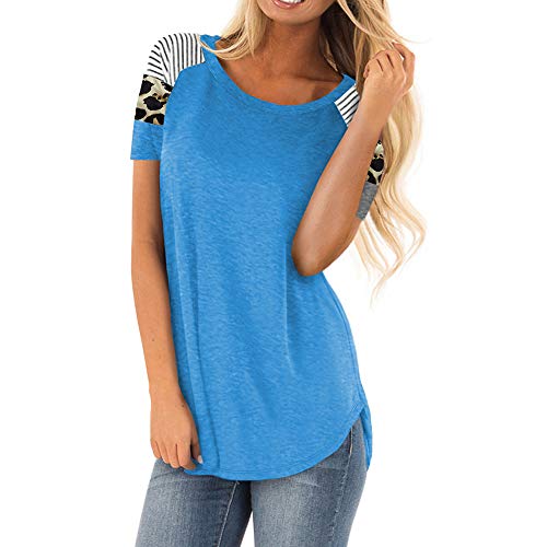 Beeck - Camiseta de manga corta para mujer, cuello redondo, diseño de leopardo azul L