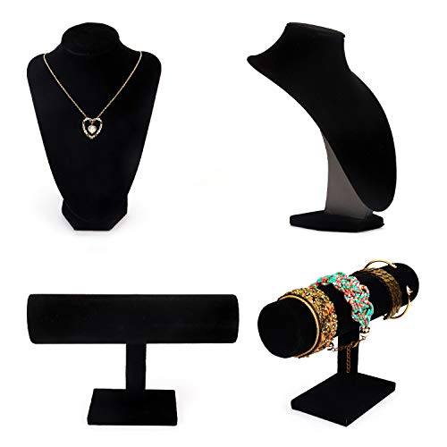 Belle Vous Barra en T y Busto Joyas Set 2 Piezas expositor joyería - Barra T (22.3x13x7cm) para Brazaletes, Relojes y Pulseras - Busto Maniqui Negro (24x8,5x9cm) para Collares, Gargantillas, Colgantes