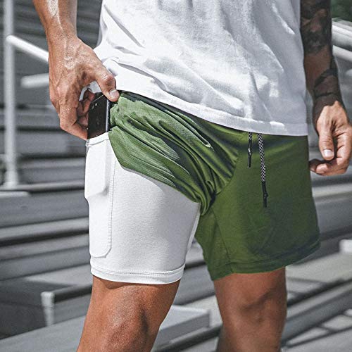 Belovecol Shorts para Hombre 2 en 1 Green Training Gym Sports Running Jogger Shorts de Verano con Bolsillos para teléfono L