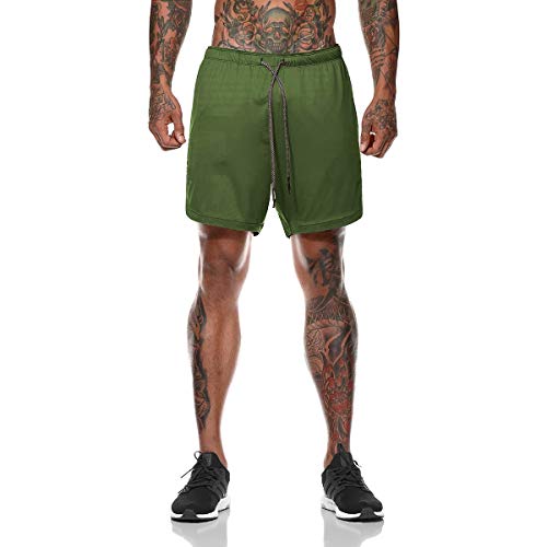 Belovecol Shorts para Hombre 2 en 1 Green Training Gym Sports Running Jogger Shorts de Verano con Bolsillos para teléfono L