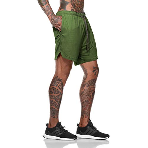 Belovecol Shorts para Hombre 2 en 1 Green Training Gym Sports Running Jogger Shorts de Verano con Bolsillos para teléfono L