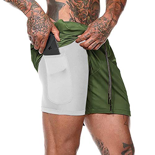 Belovecol Shorts para Hombre 2 en 1 Green Training Gym Sports Running Jogger Shorts de Verano con Bolsillos para teléfono L