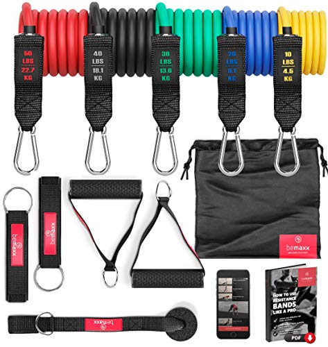 BeMaxx Juego de Bandas de Resistencia elásticas + guía de Ejercicios – Cintas Profesionales: 5 Tubos de látex + Tobillera, Anclaje para Puerta & Asas | Fitness, Gimnasio, Crossfit, Culturismo