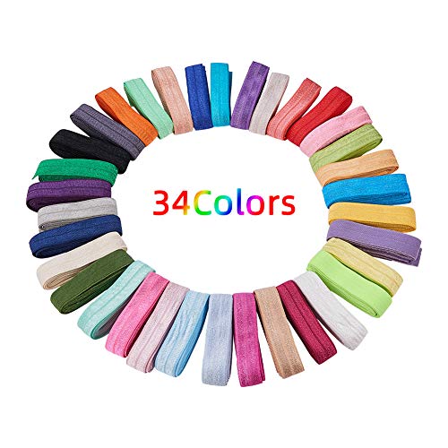 BENECREAT 34 PCS 15mm Banda Elástica de 34 Colores Cinta Plegable Elástica Brillante Cuerda Elástica de Nylón Banda Elástica de Alta Elasticidad para Costura y Manualidad