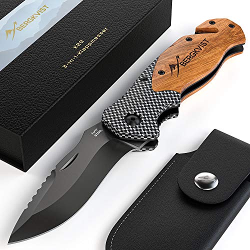 BERGKVIST® Navaja de Bolsillo K20 Navaja Plegable Afilada I Cuchillo Supervivencia con Mango de Madera I Navajas de albacete con Hoja de Titanio de Acero Inoxidable Incl. Piedra de afilar