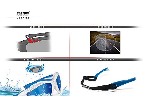 BERTONI Gafas Deportivas Polarizadas Hidrofóbicas Envolventes a Prueba de Viento para Ciclismo Carrera Deporte Acuaticos Esqui Pesca Kitesurf by Italy P1000 (Blanco Brillante/Azul)