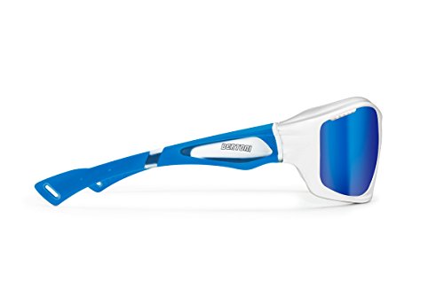 BERTONI Gafas Deportivas Polarizadas Hidrofóbicas Envolventes a Prueba de Viento para Ciclismo Carrera Deporte Acuaticos Esqui Pesca Kitesurf by Italy P1000 (Blanco Brillante/Azul)