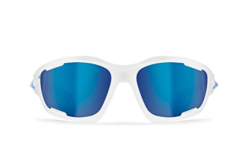 BERTONI Gafas Deportivas Polarizadas Hidrofóbicas Envolventes a Prueba de Viento para Ciclismo Carrera Deporte Acuaticos Esqui Pesca Kitesurf by Italy P1000 (Blanco Brillante/Azul)