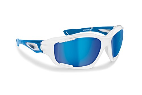 BERTONI Gafas Deportivas Polarizadas Hidrofóbicas Envolventes a Prueba de Viento para Ciclismo Carrera Deporte Acuaticos Esqui Pesca Kitesurf by Italy P1000 (Blanco Brillante/Azul)