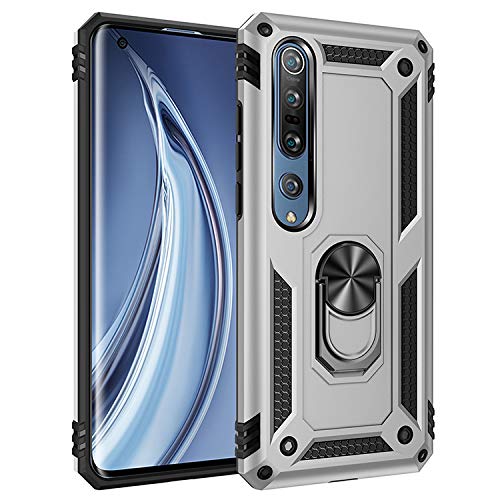 BestST Funda para Xiaomi Mi Note 10/Mi Note 10 Pro, Protector de Pantalla,Elegante Armadura híbrida Robusta Funda de Doble Capa de Alta Resistencia para PC Duro Caso con Anillo Grip Kickstand,Plata