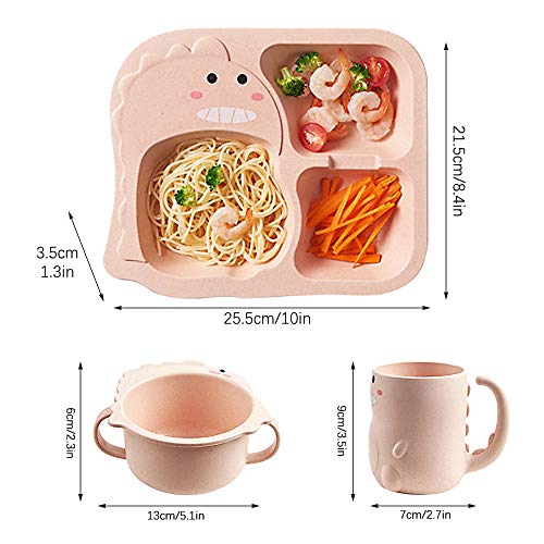 Besylo vajilla bebe, Vajilla Infantil, Vajilla de 6 piezas con plato para niños, cuenco, taza, cuchara, tenedor, dinosaurio pequeño de dibujos animados, vajilla de paja de trigo saludable (rosa)