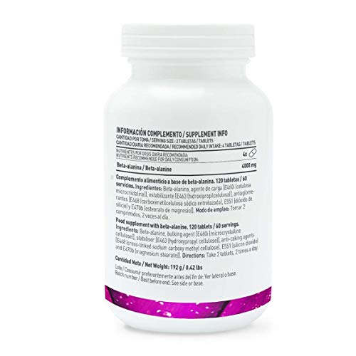 Beta Alanina 1000 mg de HSN | 4g por Dosis Diaria | Suplemento para Deportistas, CrossFit, Atletismo, Fitness, Mejora el Rendimiento Deportivo | Vegano, Sin Gluten, Sin Lactosa, 120 Tabletas