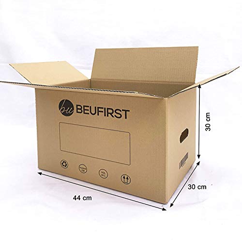 Beufirst Pack de 20 Cajas de Cartón con Asas 440x300x300mm, y Cinta Adhesiva, Cajas para Mudanza, Envíos, Almacenaje y Transporte