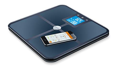 Beurer BF 950 Báscula de baño corporal diagnóstica Bluetooth, compatible con la App en español Health Manager, gran plataforma, apto embarazadas, hora y temperatura, Android y iOs, negro