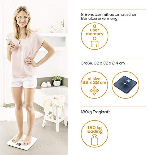 Beurer BF 950 Báscula de baño corporal diagnóstica Bluetooth, compatible con la App en español Health Manager, gran plataforma, apto embarazadas, hora y temperatura, Android y iOs, negro