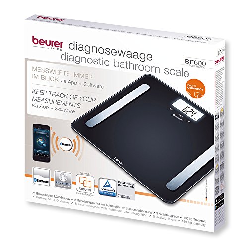 Beurer BF600 - Báscula de baño diagnóstica Bluetooth, compatible con App en español Health Manager, 2 electrodos, Android y iOs, negro, 30 x 30 x 2,1 cm, 1,5 kg Beurer BF600 - Báscula de baño diagnóstica Bluetooth, compatible con App en español Health Manager, 2 electrodos, Android y iOs, negro, 30 x 30 x 2,1 cm, 1,5 kg