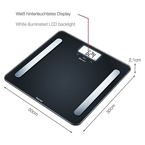 Beurer BF600 - Báscula de baño diagnóstica Bluetooth, compatible con App en español Health Manager, 2 electrodos, Android y iOs, negro, 30 x 30 x 2,1 cm, 1,5 kg