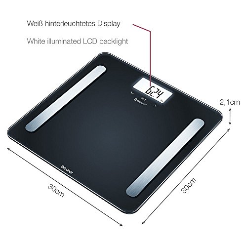 Beurer BF600 - Báscula de baño diagnóstica Bluetooth, compatible con App en español Health Manager, 2 electrodos, Android y iOs, negro, 30 x 30 x 2,1 cm, 1,5 kg Beurer BF600 - Báscula de baño diagnóstica Bluetooth, compatible con App en español Health Manager, 2 electrodos, Android y iOs, negro, 30 x 30 x 2,1 cm, 1,5 kg