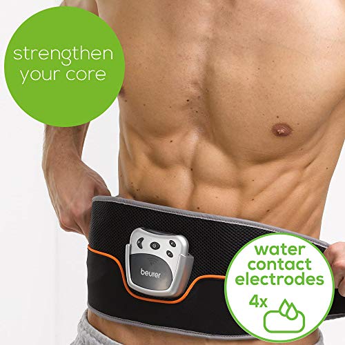 Beurer EM 35 Electroestimulador EMS Cinturón Abdominal,5 programas de entrenamiento, 4 electrodos agua sin necesidad de geles ni recambios, pantalla LCD, 75-140cm cintura