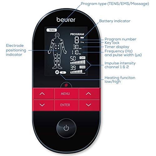 Beurer EM59 Electroestimulador digital con función calor, tens, ems y masaje, 2 canales, función calor, 4 electrodos, con pads de gel, intensidad regulable, temporizador, color negro rojo