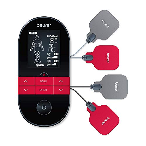 Beurer EM59 Electroestimulador digital con función calor, tens, ems y masaje, 2 canales, función calor, 4 electrodos, con pads de gel, intensidad regulable, temporizador, color negro rojo Beurer EM59 Electroestimulador digital con función calor, tens, ems y masaje, 2 canales, función calor, 4 electrodos, con pads de gel, intensidad regulable, temporizador, color negro rojo