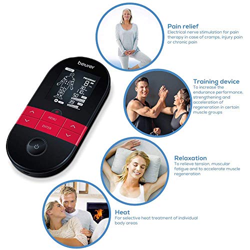 Beurer EM59 Electroestimulador digital con función calor, tens, ems y masaje, 2 canales, función calor, 4 electrodos, con pads de gel, intensidad regulable, temporizador, color negro rojo Beurer EM59 Electroestimulador digital con función calor, tens, ems y masaje, 2 canales, función calor, 4 electrodos, con pads de gel, intensidad regulable, temporizador, color negro rojo